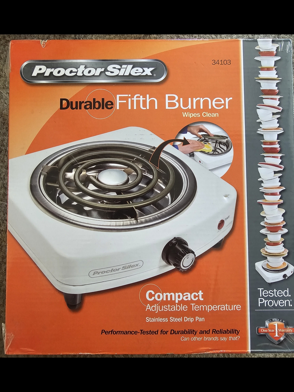 Proctor Silex White Portable Electric Fifth Burner with Adjustable Temperature